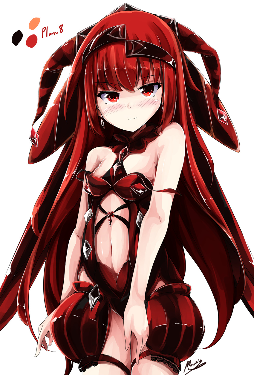 aka_no_ripika bad_id bad_pixiv_id beatmania_iidx collar female hair_ornament highres long_hair looking_at_viewer maremay0513 navel red_eyes red_hair signature simple_background solo white_background