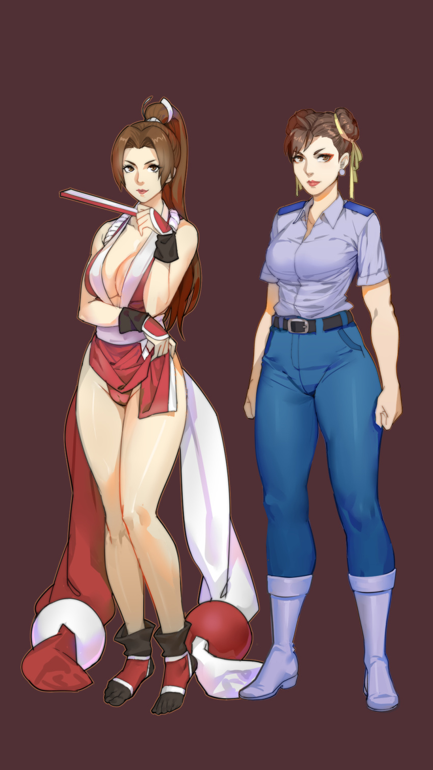 2girls arm_guards bad_id bad_pixiv_id bare_shoulders belt black_belt black_footwear blue_footwear blue_pants blue_shirt breasts brown_eyes brown_hair chun-li chunlieater cleavage clenched_hands collared_shirt commentary_request crossover double_bun earrings fatal_fury folded_fan folding_fan full_body hair_bun hair_ribbon hair_tie hand_fan high_heels high_ponytail highres holding holding_fan jewelry large_breasts long_hair multiple_girls ninja pants pelvic_curtain police police_uniform policewoman ponytail revealing_clothes ribbon rope shiranui_mai shirt single_hair_bun standing street_fighter the_king_of_fighters thighs uniform