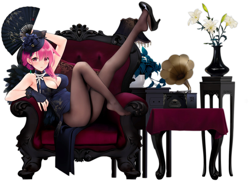 azur_lane black_pantyhose black_prince_(azur_lane) black_prince_(fair_maid_spring)_(azur_lane) blush breasts china_dress chinese_clothes cleavage cleavage_cutout clothing_cutout couch dress earrings female gloves hat high_heels highres jewelry large_breasts official_alternate_costume official_art open_mouth pantyhose phonograph pink_eyes pink_hair shoe_dangle shoes single_shoe solo suisai_(suisao) transparent_background