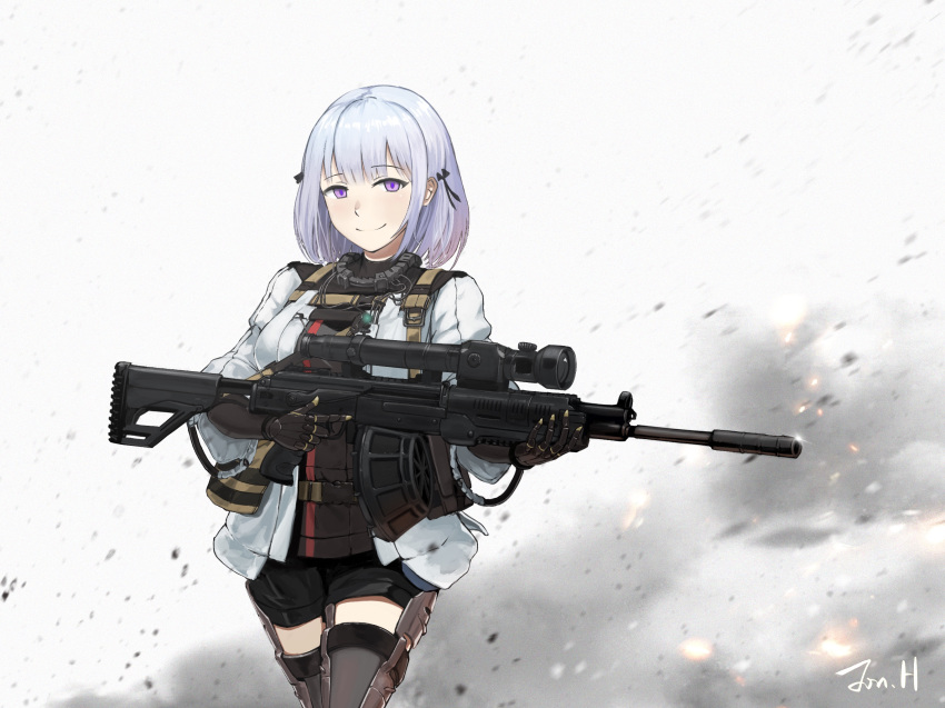 commentary_request female girls'_frontline grey_hair gun highres jonathan_h light_machine_gun looking_at_viewer military military_uniform purple_eyes rpk-16 rpk-16_(girls'_frontline) short_hair shorts simple_background smile solo uniform weapon