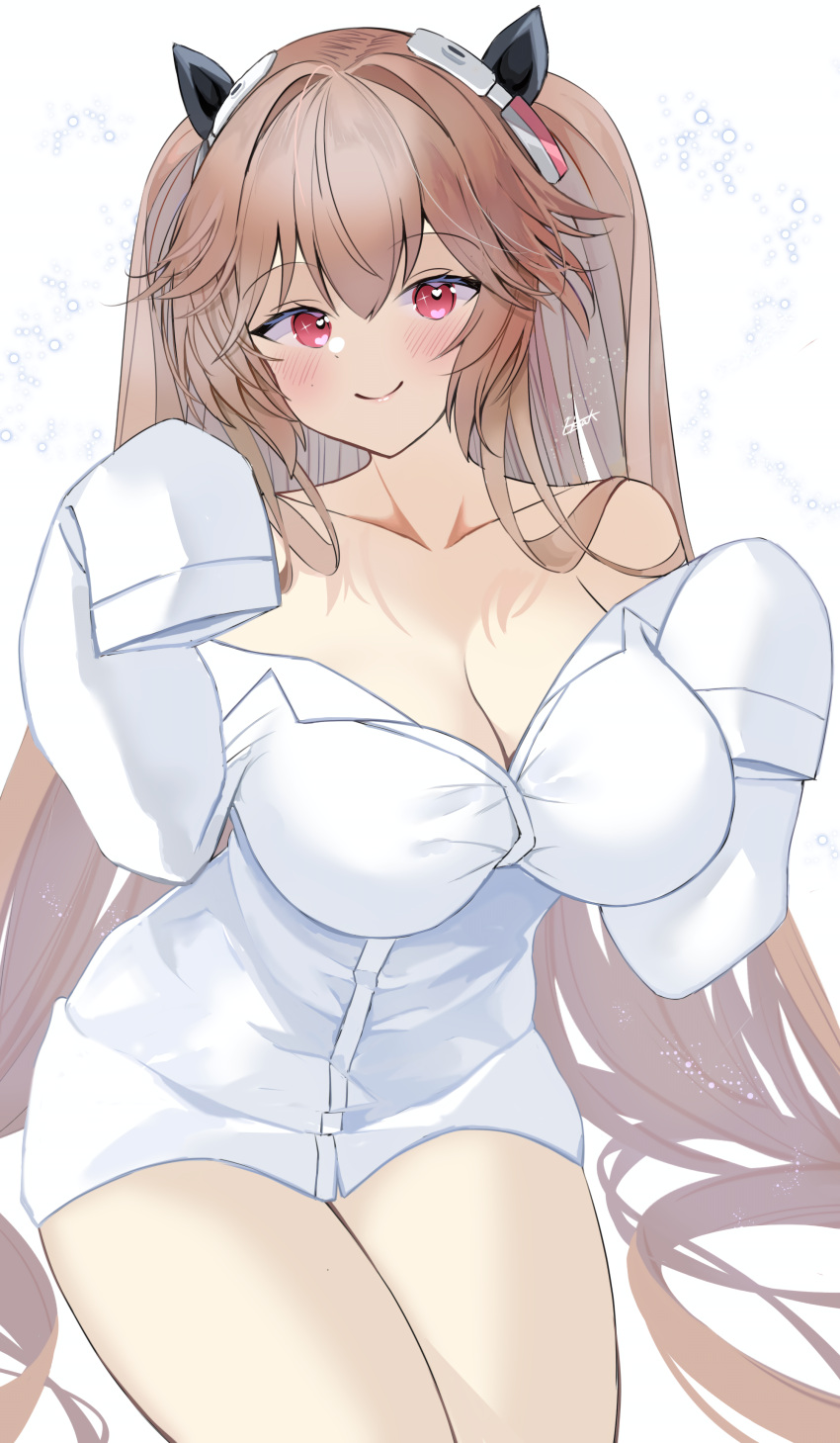 absurdres alternate_costume anchorage_(azur_lane) azur_lane blonde_hair breasts cleavage collared_shirt female headgear highres kisahipi large_breasts long_sleeves pink_eyes shirt simple_background sleeves_past_fingers sleeves_past_wrists solo white_background white_shirt