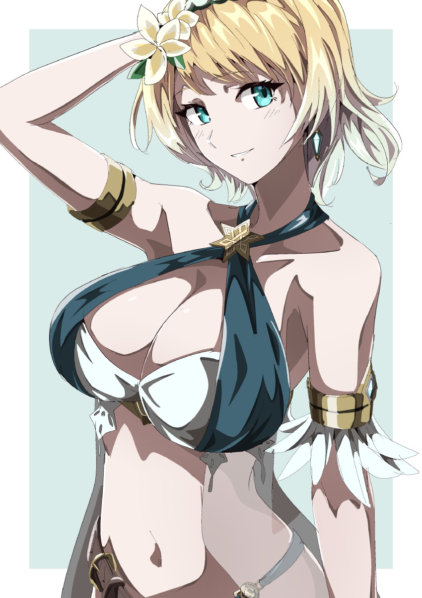 absurdres alternate_breast_size armlet bare_shoulders bikini blonde_hair blue_bikini blue_eyes breasts cleavage earrings female fire_emblem fire_emblem_heroes fjorm_(fire_emblem) fjorm_(summer)_(fire_emblem) flower hair_flower hair_ornament highres jewelry large_breasts looking_at_viewer navel official_alternate_costume short_hair solo swimsuit to_(tototo_tk) upper_body