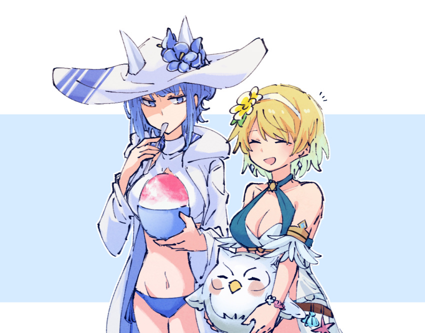 2girls alonemistrist alternate_breast_size bare_shoulders bikini blonde_hair blue_bikini blue_eyes blue_hair bowl breasts character_doll cleavage closed_eyes earrings english_commentary feh_(fire_emblem_heroes) fire_emblem fire_emblem_heroes fjorm_(fire_emblem) fjorm_(summer)_(fire_emblem) flower food hair_flower hair_ornament hairband hat holding holding_bowl holding_spoon jacket jewelry looking_at_another multiple_girls navel nifl_(fire_emblem) nifl_(summer)_(fire_emblem) official_alternate_costume open_clothes open_jacket open_mouth shaved_ice short_hair spoon swimsuit utensil_in_mouth white_hairband white_hat white_jacket