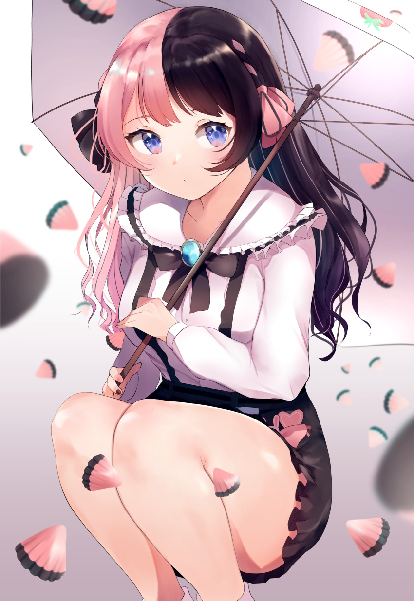 absurdres apollo_chocolate bad_id bad_pixiv_id bare_legs black_hair blue_eyes blurry blurry_foreground breasts chocolate feet_out_of_frame female frills highres holding holding_umbrella iris_black_games jewelry kairi_(miry666) long_hair long_sleeves looking_at_viewer medium_breasts multicolored_hair pink_hair ribbon sidelocks simple_background skirt solo split-color_hair squatting tachibana_hinano_(1st_costume) tachibana_hinano_(vtuber) two-tone_hair umbrella virtual_youtuber vspo! white_background