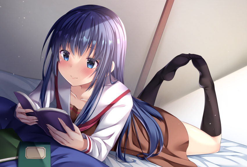 absurdres bedroom black_socks blue_eyes blue_hair blush brown_dress closed_mouth dress female highres hinuma_yuuri indoors kneehighs long_hair looking_at_object lying moonlight_~omoide_no_hajimari~ no_shoes on_bed on_stomach reading sailor_collar sailor_dress shimo_(shimo332215) socks soles solo