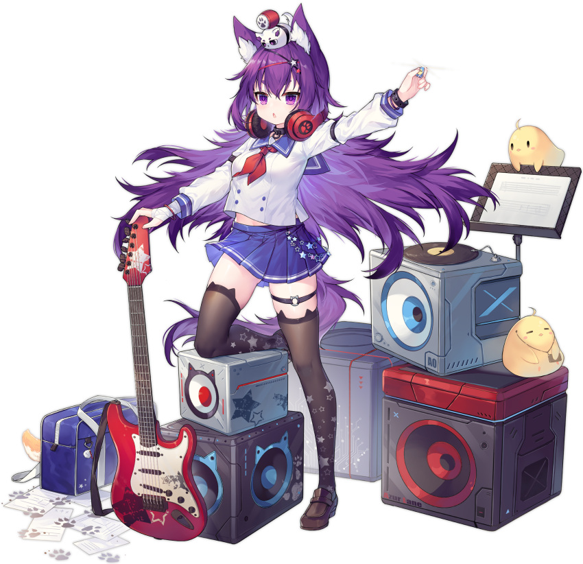 :o animal_ear_fluff animal_ears ao_jun azur_lane black_legwear dress female guitar hair_ornament headphones headphones_around_neck highres instrument long_hair looking_at_viewer manjuu_(azur_lane) necktie official_alternate_costume official_art purple_eyes purple_hair red_necktie sailor_dress school_uniform skirt speaker tail thigh_strap thighhighs transparent_background urakaze_(azur_lane) urakaze_(sengoku_shredder!)_(azur_lane)