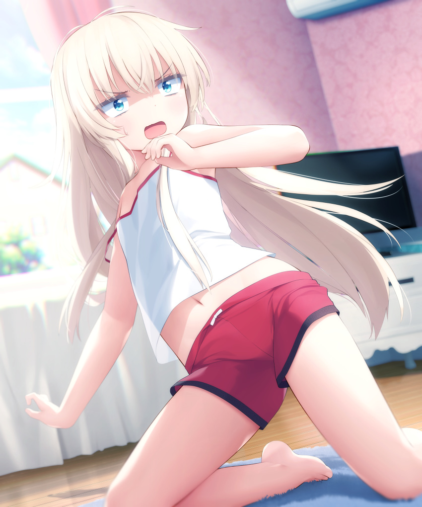 :o absurdres arm_at_side bare_arms bare_legs bare_shoulders barefoot bed bed_sheet blonde_hair blue_eyes blurry blurry_background blush breasts camisole carpet collarbone commentary_request day fanbox_reward female flat_chest goribote hair_between_eyes hand_up highres indoors kneeling long_hair midriff midriff_peek navel paid_reward red_shorts rug shaded_face short_shorts shorts sidelocks solo stomach strap_slip takanashi_misha television uchi_no_maid_ga_uzasugiru! v-shaped_eyebrows very_long_hair window wooden_floor