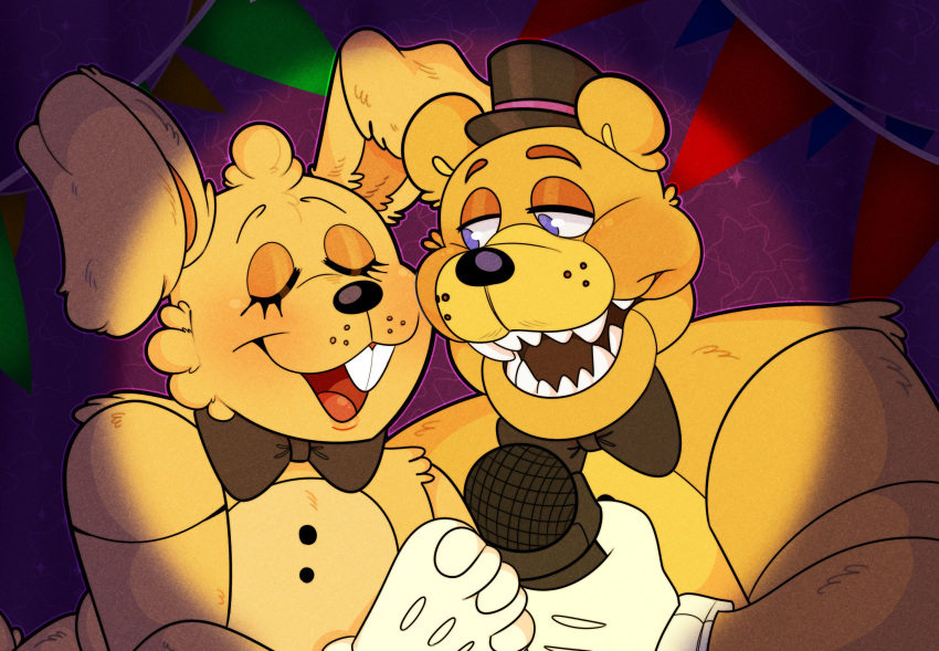 2022 animatronic anthro barazoku bear big_ears bigheadidiot black_nose blonde_hair blue_eyes blush bow_tie buckteeth close-up closed_eyes clothing curtains curtains_open duo electronics eyebrows eyelashes fangs five_nights_at_freddy's five_nights_at_freddy's_4 fredbear_(fnaf) fur gloves gums hair half-closed_eyes half-length_portrait handwear happy hat headgear headwear hi_res holding_microphone holding_object lagomorph leporid light long_ears looking_aside looking_at_another looking_at_partner machine male mammal manly microphone multicolored_body multicolored_ears multicolored_fur muscular muscular_anthro muscular_male narrowed_eyes nude open_mouth orange_ears orange_eyebrows portrait purple_background rabbit robot round_ears scottgames scut_tail sharp_teeth short_hair short_tail simple_background singer singing smile spotlight spring_bonnie_(fnaf) stage_curtains star tail teeth tongue toony top_hat two_tone_body two_tone_fur yellow_body yellow_ears yellow_fur yellow_tail