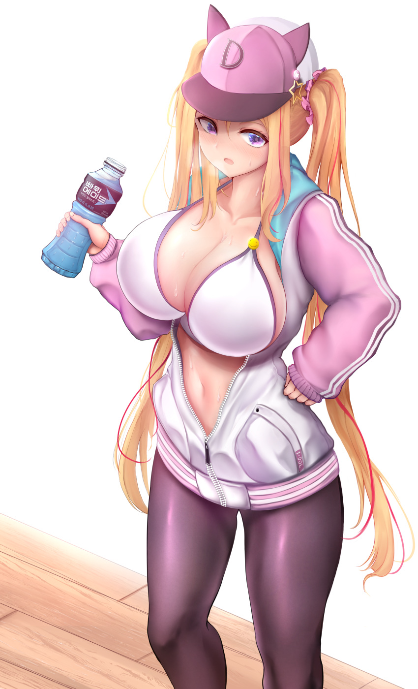 absurdres adella_(some_some_convenience_store) animal_hat bare_shoulders baseball_cap bikini bikini_top_only blonde_hair blush bottle breasts breath cleavage commentary_request curvy drink female gunbam_sonyeon hair_ornament hair_scrunchie hand_on_own_hip hat highres holding holding_bottle hood hooded_jacket huge_breasts jacket korean_commentary korean_text long_hair looking_at_viewer multicolored_hair navel nose_blush open_clothes open_jacket open_mouth pantyhose powerade purple_eyes revision scrunchie solo some_some_convenience_store sports_drink standing star_(symbol) star_hair_ornament stomach streaked_hair sweat swimsuit talesshop unzipped very_long_hair white_bikini wooden_floor zipper zipper_pull_tab