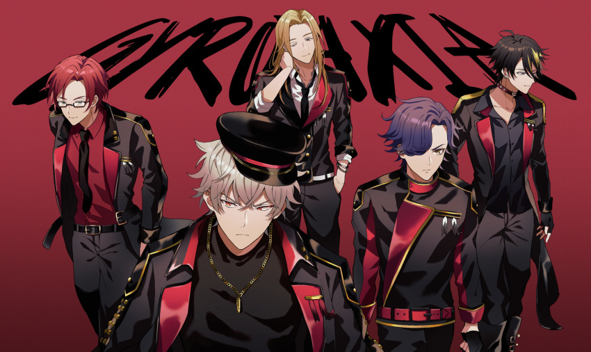 5boys akebono_ryo asahi_nayuta black_hair black_jacket blonde_hair collared_shirt commentary_request from_argonavis glasses gyroaxia hat highres jacket male_focus misono_reon mugen25 multicolored_hair multiple_boys necktie peaked_cap purple_hair red_hair sakaigawa_miyuki satozuka_kenta shirt white_hair