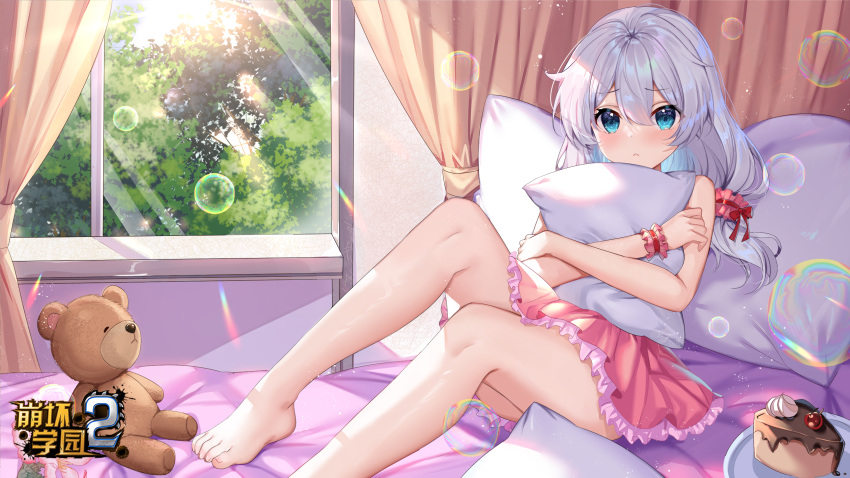 bare_shoulders barefoot bed bedroom benghuai_xueyuan blue_eyes blue_sky cake cake_slice closed_mouth copyright_name curtains feet female flower food foot_out_of_frame frilled_skirt frills highres holding honkai_(series) hugging_object indoors knee_up legs logo long_hair looking_at_viewer official_art pajamas pillow pink_flower pink_skirt plate second-party_source side_ponytail sitting skirt sky solo stuffed_animal stuffed_toy teddy_bear theresa_apocalypse theresa_apokalypse toenails toes tree white_hair window