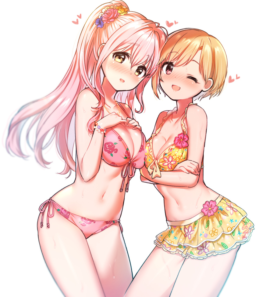 2girls aiba_yumi arm_under_breasts bare_shoulders bead_bracelet beads bikini bikini_skirt blonde_hair blurry blush bracelet breasts cleavage collarbone cowboy_shot crossed_arms depth_of_field dot_nose floral_print floral_print_bikini flower from_side front-tie_bikini_top front-tie_top hair_flower hair_ornament hands_on_own_breasts heart highres idolmaster idolmaster_cinderella_girls idolmaster_cinderella_girls_starlight_stage jewelry large_breasts layered_bikini long_hair looking_at_viewer medium_breasts multiple_girls natsumi_(natumi06) navel necklace one_eye_closed open_mouth pink_bikini pink_flower pink_hair print_bikini purple_footwear red_eyes rose_print saionji_kotoka short_hair shy side-tie_bikini_bottom simple_background smile standing swimsuit thick_eyebrows twintails wet white_background yellow_bikini yellow_eyes yellow_flower