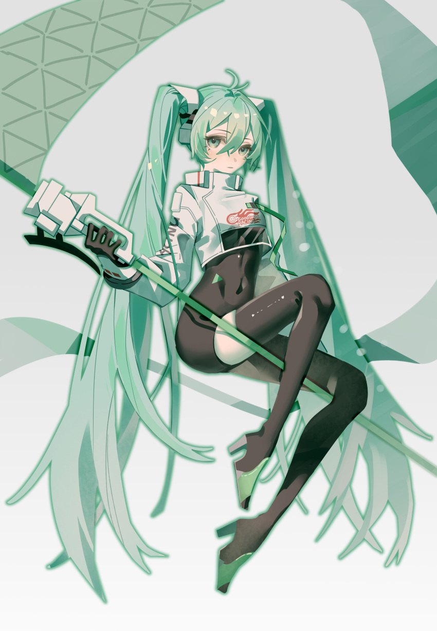 absurdres antenna_hair black_bodysuit black_gloves black_thighhighs bodysuit chouti_ttt closed_mouth commentary cropped_jacket english_commentary expressionless eyelashes female flag full_body gloves goodsmile_racing green_eyes green_footwear green_hair green_outline grey_background hair_between_eyes hair_ornament hatsune_miku high_heels highres holding holding_flag jacket long_hair long_sleeves navel outline racing_miku racing_miku_(2022) sitting solo stirrup_footwear thighhighs turtleneck turtleneck_jacket twintails very_long_hair vocaloid white_jacket