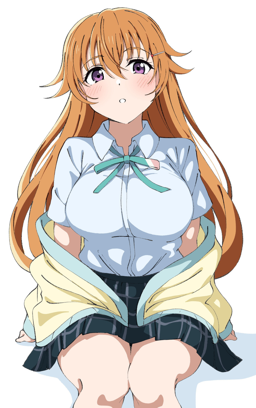 absurdres blue_shirt blue_skirt blush breasts collared_shirt commentary_request female green_ribbons hair_between_eyes hair_ornament hairclip highres jacket konoe_kanata large_breasts long_hair looking_at_viewer love_live! love_live!_nijigasaki_high_school_idol_club neck_ribbon nijigasaki_school_uniform orange_hair parted_lips plaid_clothes plaid_skirt pleated_skirt purple_eyes ribbon school_uniform shirt short_sleeves sidelocks sitting skirt solo summer_uniform uchuu_no_mozuku upper_body wavy_hair yellow_jacket