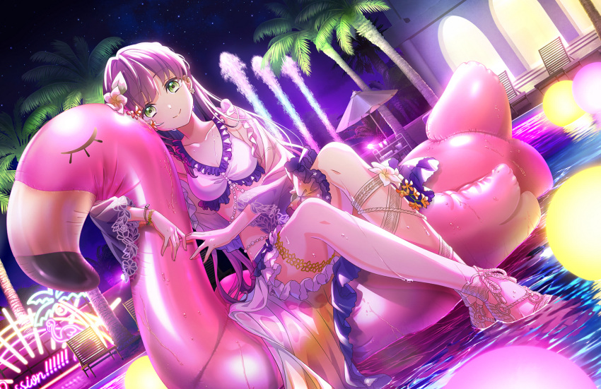 asymmetrical_footwear bikini breasts chair cleavage closed_mouth collarbone dutch_angle female flower frilled_bikini frills full_body game_cg green_eyes hair_flower hair_ornament highres inflatable_flamingo link!_like!_love_live! long_hair looking_at_viewer lounge_chair love_live! medium_breasts night night_sky official_alternate_costume official_alternate_hairstyle official_art otomune_kozue outdoors palm_tree passion!!!!!!_(love_live!) pink_flower pool purple_hair sandals sitting sky smile solo split_mouth star_(sky) starry_sky swimsuit third-party_source tree uneven_footwear virtual_youtuber wet white_bikini