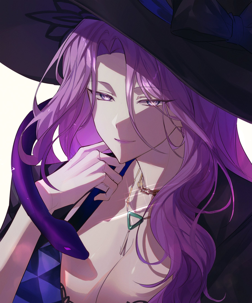 black_bra black_hat bra bra_peek breasts chain_necklace chains cleavage hat highres honkai:_star_rail honkai_(series) jade_(honkai:_star_rail) jewelry large_hat necklace nyangji pendant purple_eyes purple_hair purple_lips simple_background snake two-tone_dress underwear upper_body white_background