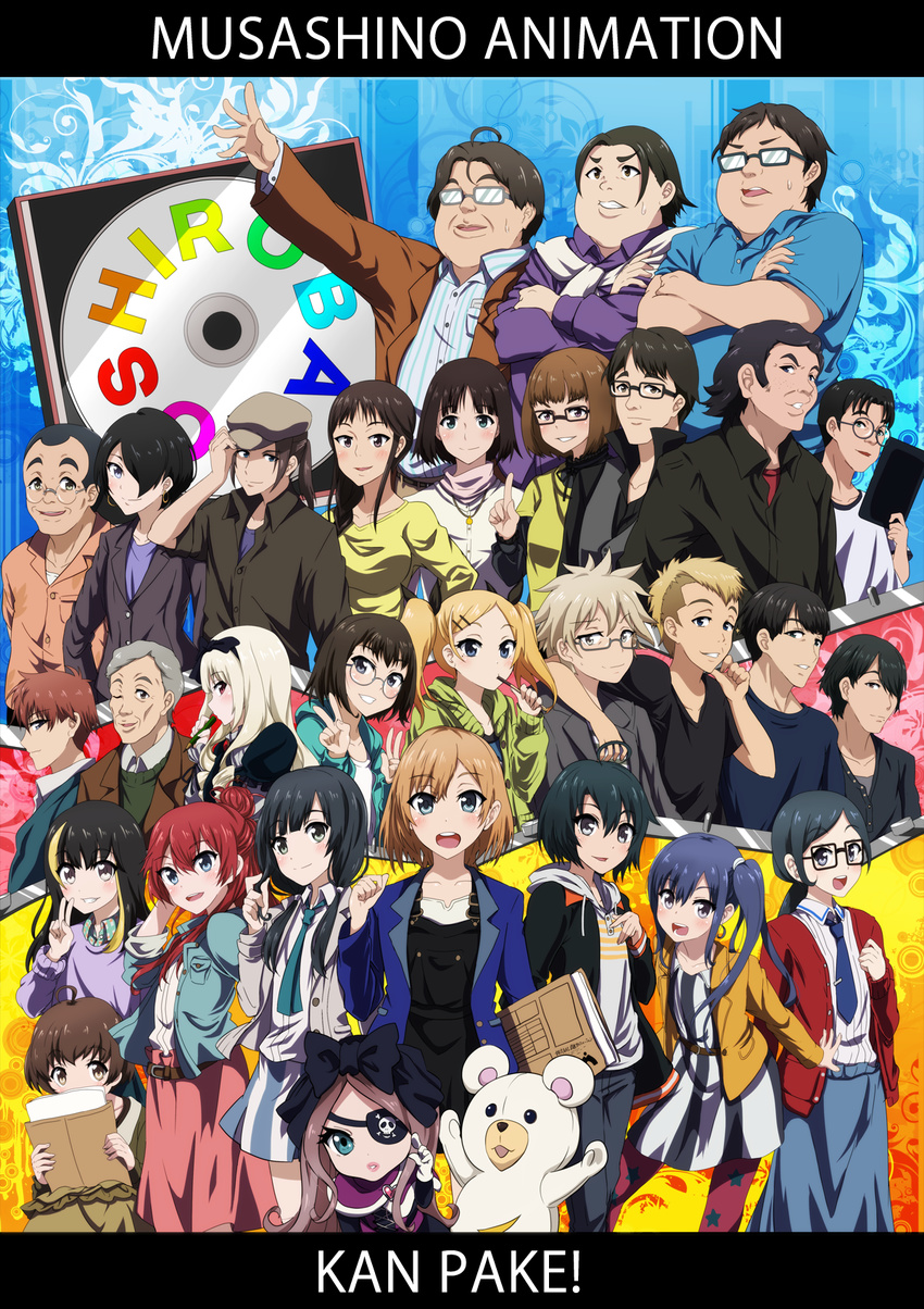 6+boys 6+girls :d ;d andou_tsubaki belt beret black_hair blouse blue_eyes blue_hair blue_necktie blush brown_hair cd cigarette collared_shirt commentary_request covering_own_mouth crossed_arms doumoto_chiemi endou_ryousuke everyone eyepatch food green_eyes hat highres hiraoka_daisuke honda_yutaka iguchi_yumi imai_midori jacket katsuragi_goutarou kinoshita_seiichi kunogi_ai long_hair long_sleeves looking_at_viewer low_twintails madoka_hironori marukawa_masato mimuji_(shirobako) miyamori_aoi mouth_hold multiple_boys multiple_girls necktie ochiai_tatsuya ogasawara_rinko okitsu_yuka one_eye_closed open_clothes open_jacket open_mouth package paper pocky profile red_hair roro_(shirobako) sakaki_shizuka sakura_yoshiki satou_sara segawa_misato shimoyanagi_yuuichiro shinkawa_nao shirobako shirt short_sleeves side_ponytail silver_hair smile stuffed_animal stuffed_toy sugie_shigeru takanashi_tarou tanashi_(mk2) teddy_bear toudou_misa twintails vest watanabe_shun white_shirt writing yamada_masashi yano_erika yasuhara_ema yellow_eyes