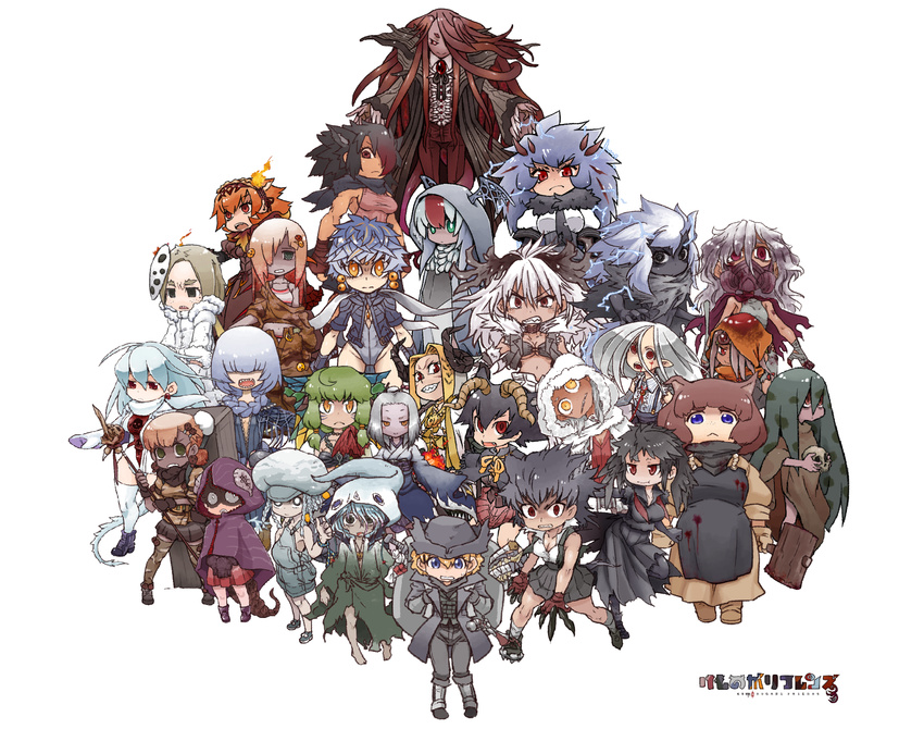 6+girls abhorrent_beast amygdala_(bloodborne) animal_ears apron backpack bag beast-possessed_soul blonde_hair blood blood-starved_beast blood_on_clothes bloodborne bloodletting_beast bloodlicker brainsucker celestial_child celestial_emissary claws cleric_beast commentary_request cramped_casket crawler_(bloodborne) dark-skinned_female dark_skin darkbeast_paarl dress ebrietas_daughter_of_the_cosmos fangs fluorescent_flower_(bloodborne) freckles garden_of_eyes gas_mask gel_(bloodborne) gun hammer hat head_tilt head_wings highres holding_strap hole_digger_(bloodborne) horns hunter_(bloodborne) kemono_friends looking_at_viewer loran_cleric loran_darkbeast loran_silverbeast lost_child_of_antiquity maneater_boar mask monster_girl moon_presence_(bloodborne) multiple_girls parody personification polearm robe rom_the_vacuous_spider scourge_beast shorts skirt skull spear tail the_one_reborn watchdog_of_the_old_lords weapon wings yagi_mutsuki