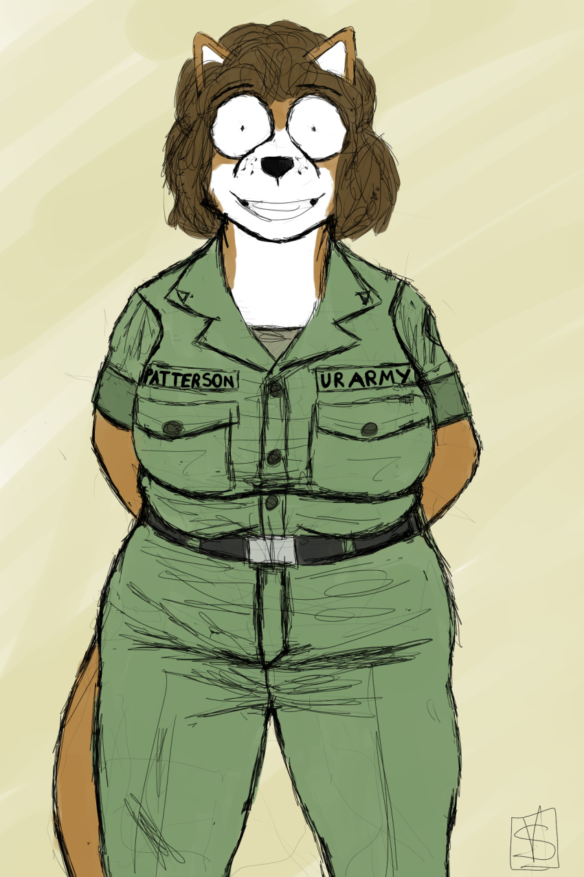 2018 2:3 anthro army big_breasts breasts cadet canid canine clothed clothing colored combat_stress constricted_pupils english_text female forced_smile fox happy hi_res komododad looking_at_viewer mammal military peggy_patterson pupils simple_background small_pupils soldier solo text text_on_clothing text_on_topwear thousand_yard_stare topwear traumatized uniform warrior wide_eyed