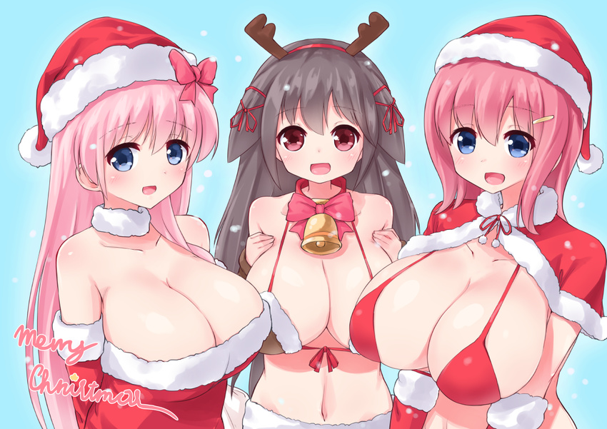 3girls :d bad_id bad_pixiv_id bell bikini black_hair blue_background blush breasts capelet christmas collar dress elbow_gloves fur_trim gloves hair_flaps haramura_kaho haramura_nodoka hat huge_breasts long_hair looking_at_viewer maya_yukiko merry_christmas mother_and_daughter multiple_girls neck_bell open_mouth red_bikini saki_(manga) santa_bikini santa_dress santa_hat simple_background smile snowing strapless strapless_dress swimsuit tube_dress upper_body yoi_naosuke