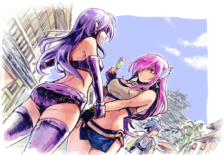 1boy 2girls aoi_sekai_no_chuushin_de bare_shoulders belt blue_hair bra breasts closed_eyes elbow_gloves fingerless_gloves gear_(aoi_sekai_no_chuushin_de) gloves hair_ornament hair_over_one_eye hand_grab happy large_breasts long_hair midriff multiple_girls necklace nel_(aoi_sekai_no_chuushin_de) open_mouth panties pointy_ears purple_hair red_eyes skirt thighhighs underwear