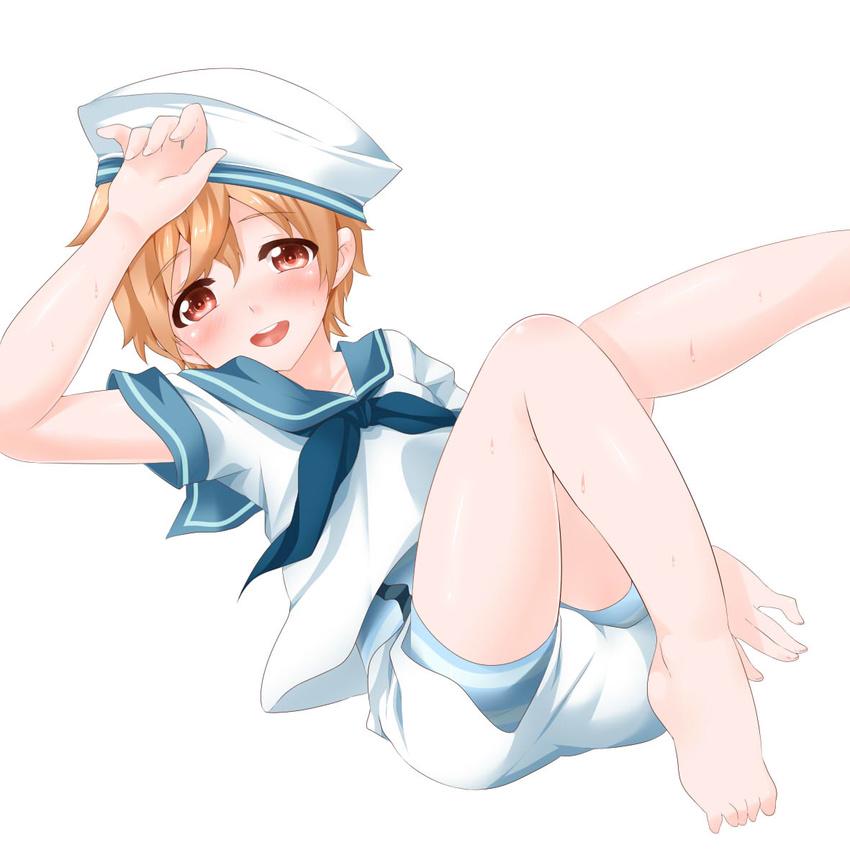 1boy bad_id bad_pixiv_id blonde_hair blush commentary_request free! hat hazuki_nagisa male_focus o-mars open_mouth red_eyes sailor sailor_hat shorts simple_background smile sweat white_background