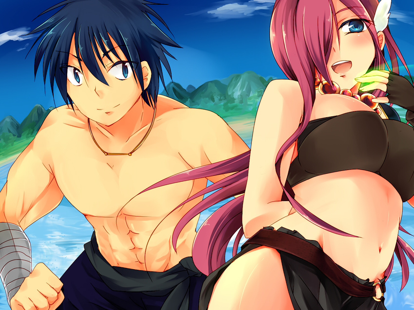 1boy abs aoi_sekai_no_chuushin_de blue_eyes blue_hair breasts cloud clouds female fingerless_gloves gear_(aoi_sekai_no_chuushin_de) gloves hair_ornament hair_over_one_eye large_breasts long_hair looking_at_viewer midriff navel necklace opal_(aoi_sekai_no_chuushin_de) open_mouth purple_hair short_hair sky smile water