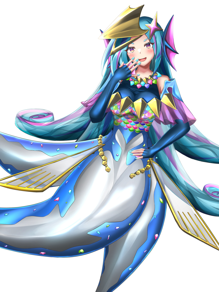 +_+ amabie_(yu-gi-oh!) bare_shoulders blue_hair blue_nails blush breasts duel_monster female fingerless_gloves fins gloves gradient_eyes hair_ornament hand_on_own_hip hand_to_own_mouth head_fins highres long_hair mermaid monster_girl multicolored_eyes nail_polish open_mouth purple_eyes sabato7144 simple_background solo star_(symbol) star_hair_ornament white_background yellow_eyes yu-gi-oh!