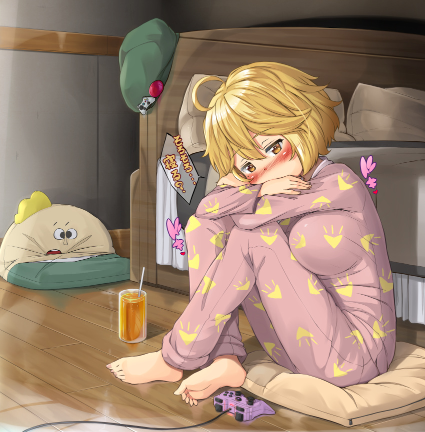 absurdres ahoge barefoot bed blonde_hair blush brown_eyes commentary_request controller crossed_ankles crossed_arms cushion drink dualshock eikiri_eimu feet female game_console game_controller gamepad glass hat highres indoors junk_gaming_maiden kitsunerider long_sleeves mole mole_under_eye multicolored_clothes multicolored_pajamas on_floor pajamas pants pillow playstation_3 playstation_controller print_pajamas revision short_hair sitting soles solo toes wooden_floor xbox_360