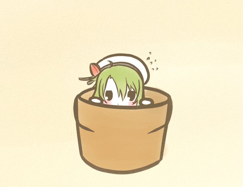 :< beige_background blush chibi commentary_request female flower_knight_girl flower_pot flying_sweatdrops green_hair hair_between_eyes hat in_container jitome koti looking_at_viewer partial_commentary saboten_(flower_knight_girl) short_hair solid_oval_eyes solo white_hat