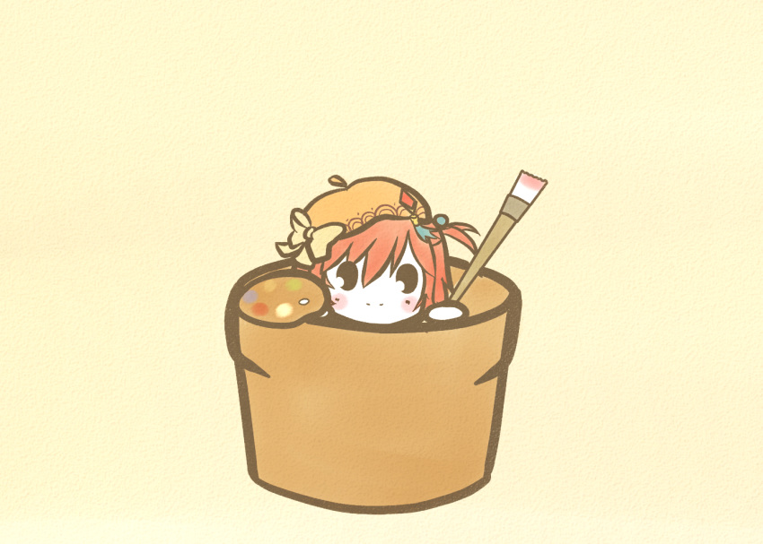 beige_background beret blush bow cacalia_(flower_knight_girl) chibi commentary female flower_knight_girl flower_pot hat holding holding_paintbrush in_container koti looking_at_viewer orange_hat paintbrush palette_(object) red_hair short_hair smile solid_oval_eyes solo yellow_bow