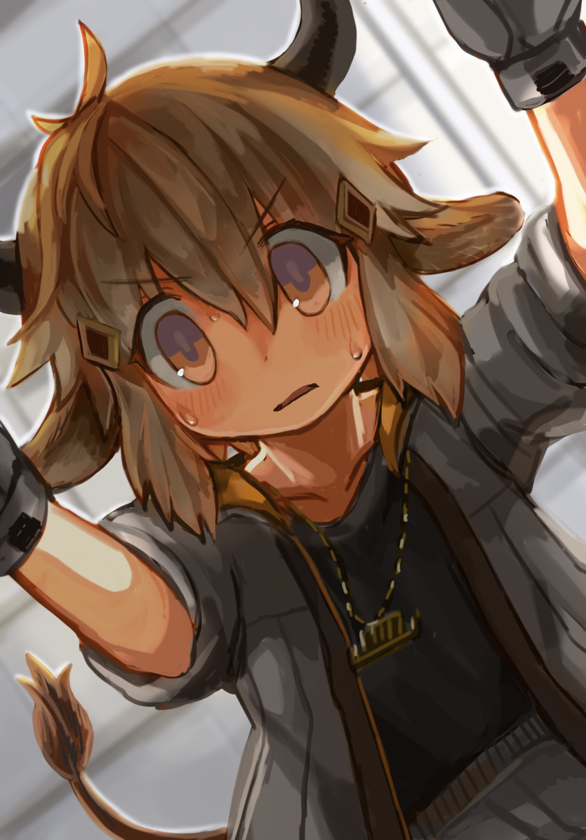 1boy animal_ears arknights bishounen bison_(arknights) blush buchi0122 commentary cow_boy cow_ears cow_tail from_below gloves highres horns jewelry looking_at_viewer male_focus necklace open_mouth orange_hair shirt short_hair solo sweat symbol-only_commentary tail