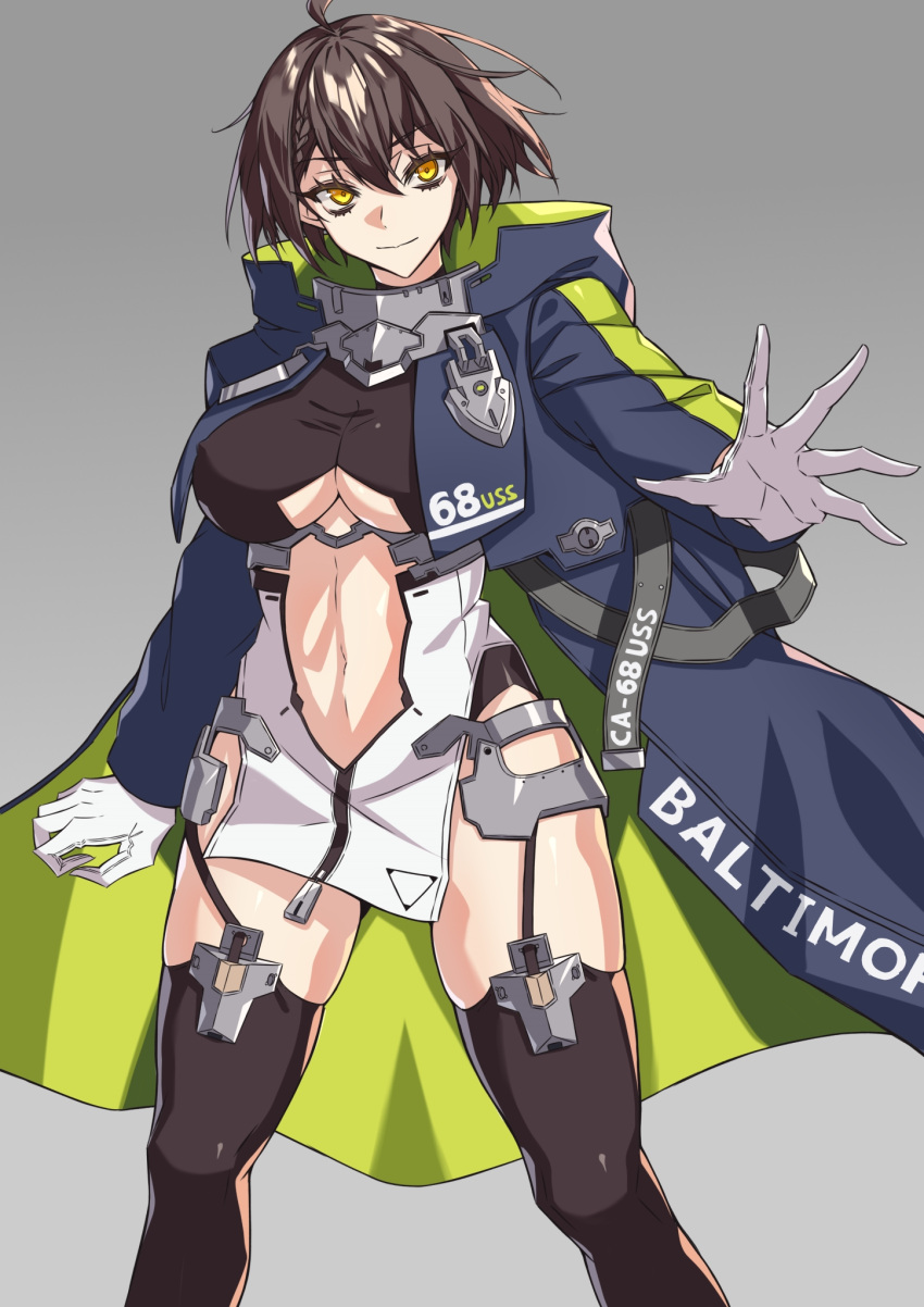 ahoge azur_lane baltimore_(azur_lane) black_shirt black_thighhighs blue_coat braid breasts brown_hair center_opening closed_mouth clothes_writing clothing_cutout coat commentary_request cowboy_shot dress female french_braid garter_straps gloves hair_between_eyes highres hood hood_down hooded_coat large_breasts long_sleeves looking_at_viewer navel open_clothes open_coat ouka_(sakura_oinari) partial_commentary pelvic_curtain shirt short_dress short_hair sidelocks simple_background skindentation smile solo standing stomach stomach_cutout taut_clothes taut_shirt thighhighs underboob underboob_cutout white_dress white_gloves yellow_eyes zettai_ryouiki zipper_pull_tab