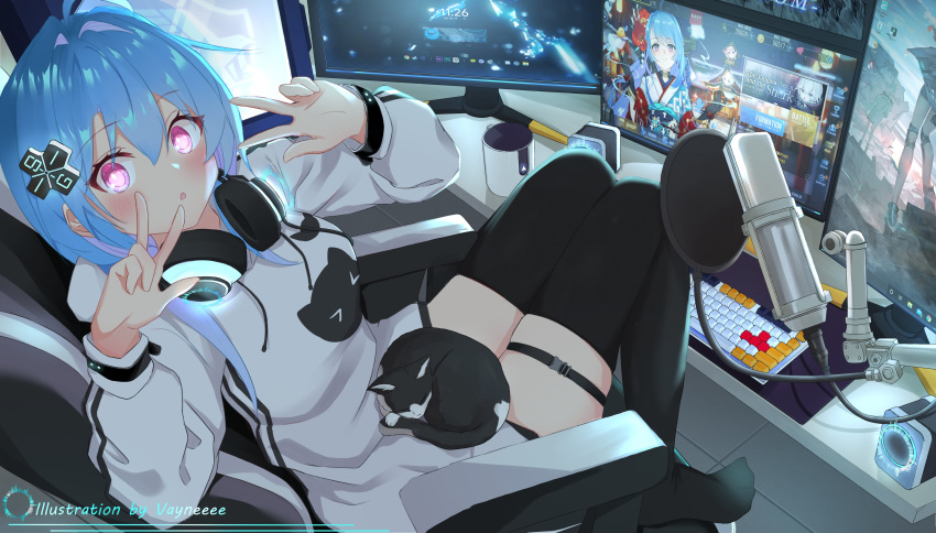 >_< 3girls absurdres ahoge alternate_costume animal animal_on_lap architecture arm_rest arms_up artist_name azur_lane black_cat black_gloves black_thighhighs blue_butterfly blue_eyes blue_hair blush bow bug building butterfly cable cat_on_lap cat_symbol chair coffee_mug collar commentary computer computer_keyboard computer_tower cross cup desk double_w east_asian_architecture english_text eyebrows eyelashes feet_on_chair feline floor flower glove_bow gloves hair_flower hair_ornament hands_up headphones headphones_around_neck helena_(azur_lane) helena_(new_year's_bluebird)_(azur_lane) highres hood hood_down hoodie illumination iron_cross japanese_clothes kimono knees_up light light_rays lights long_hair long_hoodie long_sleeves looking_at_viewer lying manjuu_(azur_lane) microphone monitor mousepad_(object) mug multicolored_clothes multicolored_hair multicolored_kimono multiple_girls multiple_monitors obi office_chair on_lap open_mouth outdoors parted_lips pink_eyes pink_hair playing_games purple_eyes red_bow saratoga_(azur_lane) sash shrine sidelocks sitting sleeping sleeping_on_person smile snow speaker stairs stone_lantern streamers studio_microphone swivel_chair symbol-only_commentary tail text_background thigh_strap thighhighs thighs two-tone_hair u-110_(azur_lane) vayneeeee w watermark white_cat white_hair white_hoodie wide-eyed wide_sleeves