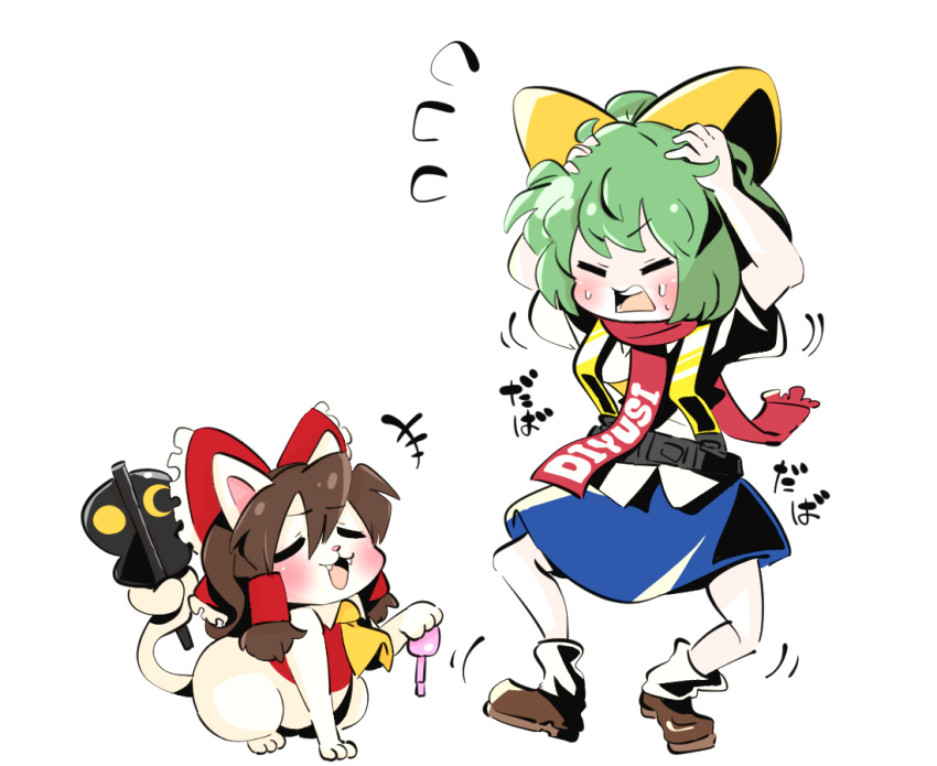 +++ 2girls animalization ankle_socks ascot blue_skirt blush bow brown_footwear brown_hair character_name closed_eyes colored_skin commentary_request cookie_(touhou) daiyousei diyusi_(cookie) enema fangs feline full_body gram_9 green_hair hairbow hakurei_reimu hands_on_own_head high-visibility_vest long_hair medium_hair multiple_girls noel_(cookie) open_mouth red_bow shirt shoes simple_background skirt socks sound_effects standing touhou war_fan white_background white_shirt white_skin white_socks yellow_ascot yellow_bow