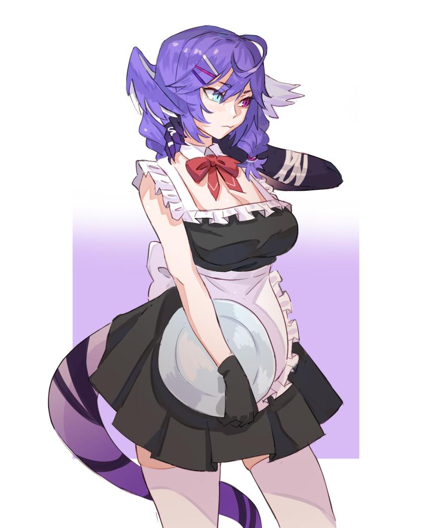 absurdres ahoge apron asymmetrical_arms blue_eyes bow bowtie breasts cleavage cowboy_shot detached_collar dragon_girl dragon_tail female gloves hair_between_eyes head_wings heterochromia highres holding holding_tray maid maid_apron maplesights nijisanji nijisanji_en purple_eyes purple_hair selen_tatsuki skindentation sleeveless solo tail thighhighs tray virtual_youtuber wings