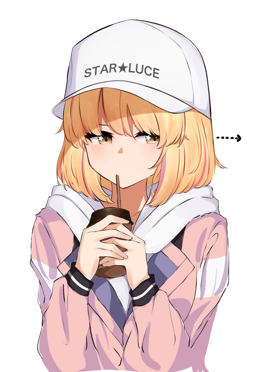 arrow_(symbol) baseball_cap blonde_hair chieru_(princess_connect!) chieru_(real)_(princess_connect!) cup disposable_cup drinking_straw female hat highres holding hood hoodie looking_to_the_side narusan_beam2 pink_hoodie princess_connect! short_hair simple_background solo star_(symbol) star_in_eye symbol_in_eye upper_body white_background white_hat yellow_eyes