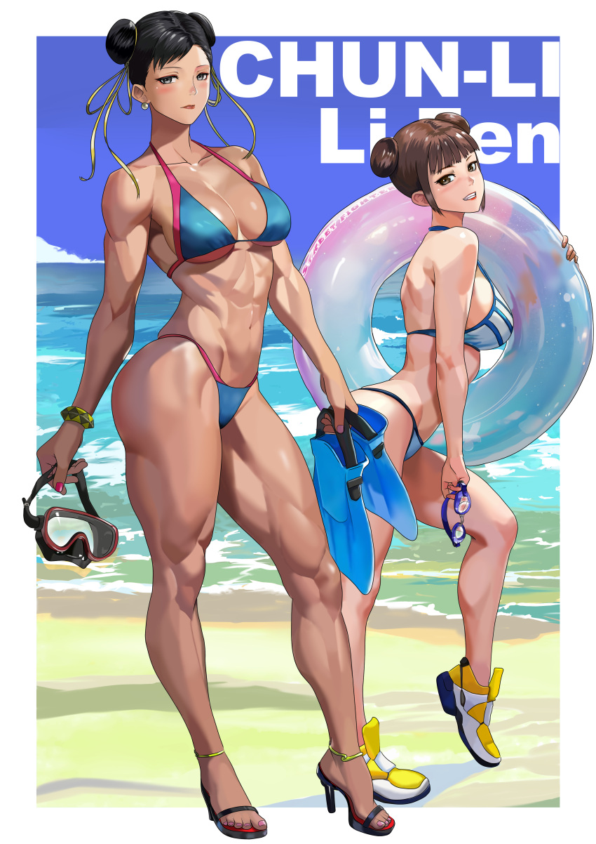 2girls abs absurdres bikini black_hair blush breasts brown_hair chun-li collarbone diving_mask double_bun earrings flippers goggles hair_bun high_heels highres inflatable_toy jewelry li-fen looking_at_viewer medium_breasts multiple_girls muscular muscular_female nail_polish sandals shoes smile sneakers street_fighter street_fighter_6 string_bikini swimsuit yagi_(joe731842)