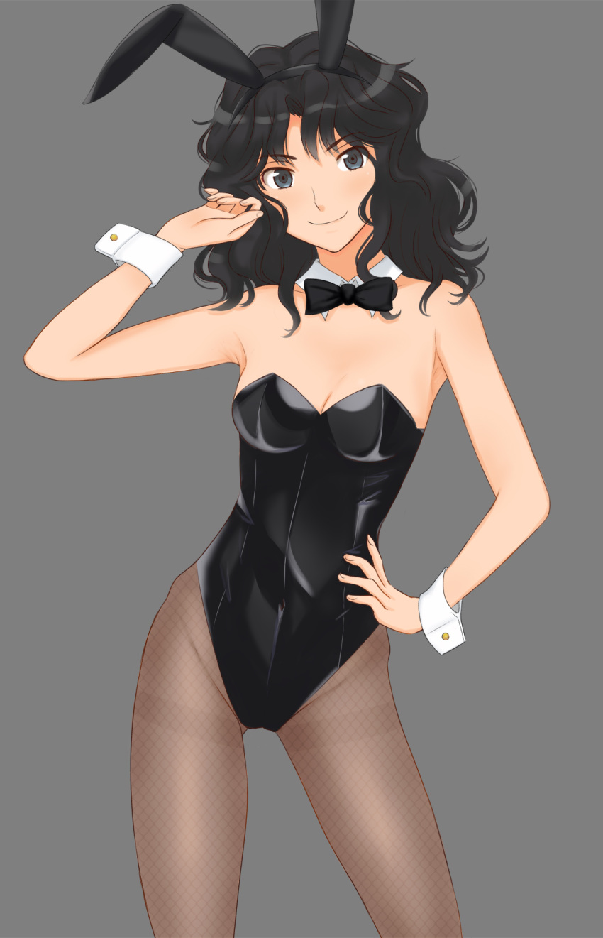 amagami animal_ears ass_visible_through_thighs bare_shoulders black_bow black_bowtie black_eyes black_hair black_leotard bow bowtie breasts brown_pantyhose cleavage closed_mouth collar contrapposto covered_navel cowboy_shot curly_hair detached_collar fake_animal_ears female fishnet_pantyhose fishnets grey_background hand_on_own_hip hand_up highleg highleg_leotard highres legs_apart leotard looking_at_viewer medium_breasts medium_hair messy_hair pantyhose playboy_bunny rabbit_ears simple_background solo strapless strapless_leotard takemi_kaoru tanamachi_kaoru thighs traditional_bowtie wavy_hair white_collar white_wrist_cuffs wrist_cuffs