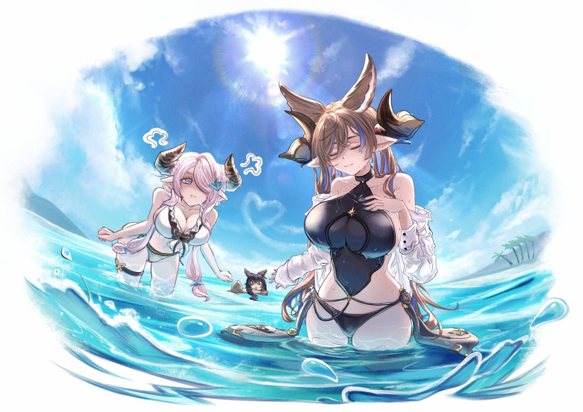 3girls angry animal_ears bikini black_bikini blue_eyes blue_sky braid braided_ponytail breasts brown_hair cleavage closed_mouth cloud cloudy_sky day fenrir_(shingeki_no_bahamut) frown galleon_(granblue_fantasy) granblue_fantasy hair_over_one_eye highres horns large_breasts long_hair looking_at_another multiple_girls nanumi_(780887) narmaya_(granblue_fantasy) ocean open_mouth outdoors palm_tree partially_submerged pink_hair pout purple_hair sky sun swimsuit tree wet white_bikini