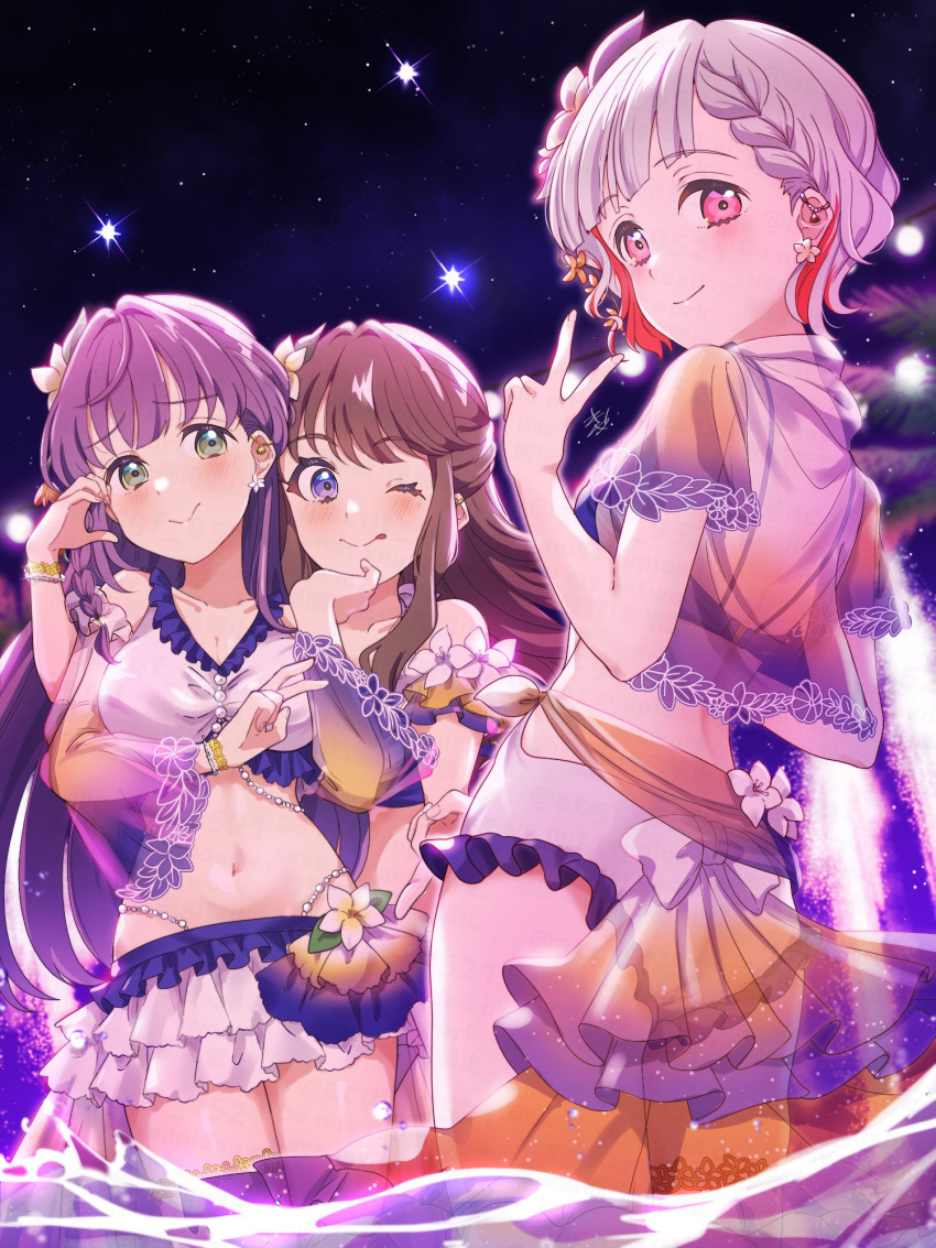 3girls ;) bikini bikini_skirt blush braid breasts brown_hair cleavage closed_mouth collarbone colored_inner_hair commentary_request cowboy_shot diagonal_bangs earrings flower flower_earrings frilled_skirt frills fujishima_megumi green_eyes grey_hair hair_flower hair_ornament half-heart_hands half_updo highres jacket jacket_over_swimsuit jewelry kyaku_tasu link!_like!_love_live! long_hair looking_at_viewer love_live! medium_breasts midriff multicolored_hair multiple_girls navel night night_sky official_alternate_costume official_alternate_hairstyle one_eye_closed otomune_kozue passion!!!!!!_(love_live!) pink_eyes plumeria purple_eyes purple_hair purple_sky red_hair see-through see-through_jacket short-sleeved_jacket short_hair short_sleeves side_braid single_sidelock skirt sky smile star_(sky) starry_sky streaked_hair swimsuit v virtual_youtuber wading white_bikini white_flower yugiri_tsuzuri