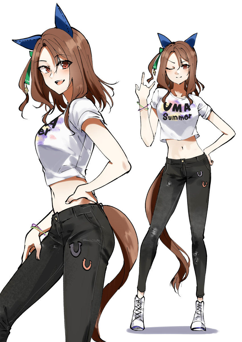 absurdres animal_ears black_pants brown_hair ear_covers female highres horse_ears horse_girl horse_tail kakuteru_sudachi king_halo_(umamusume) looking_at_viewer navel pants puffy_short_sleeves puffy_sleeves red_eyes shirt short_sleeves simple_background smile solo tail umamusume white_background white_shirt