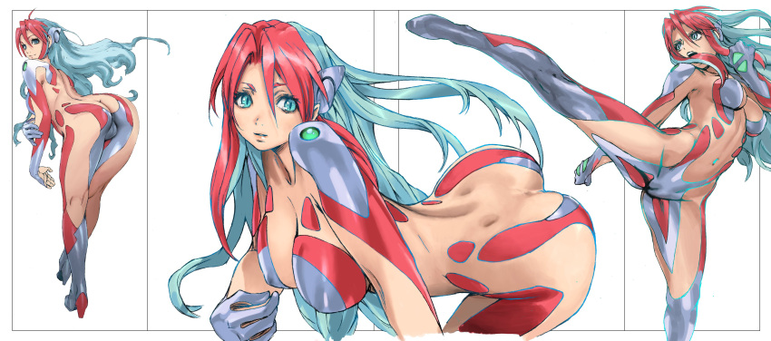 absurdres aqua_hair ass birdy_cephon_altera blue_eyes breasts cleavage closed_mouth commentary_request female from_behind full_body gloves high_heels highres kicking leaning_forward lips long_hair looking_at_viewer looking_back medium_breasts multicolored_hair multiple_views navel open_mouth red_hair revealing_clothes simple_background stomach tetsuwan_birdy white_background yasuda_akira