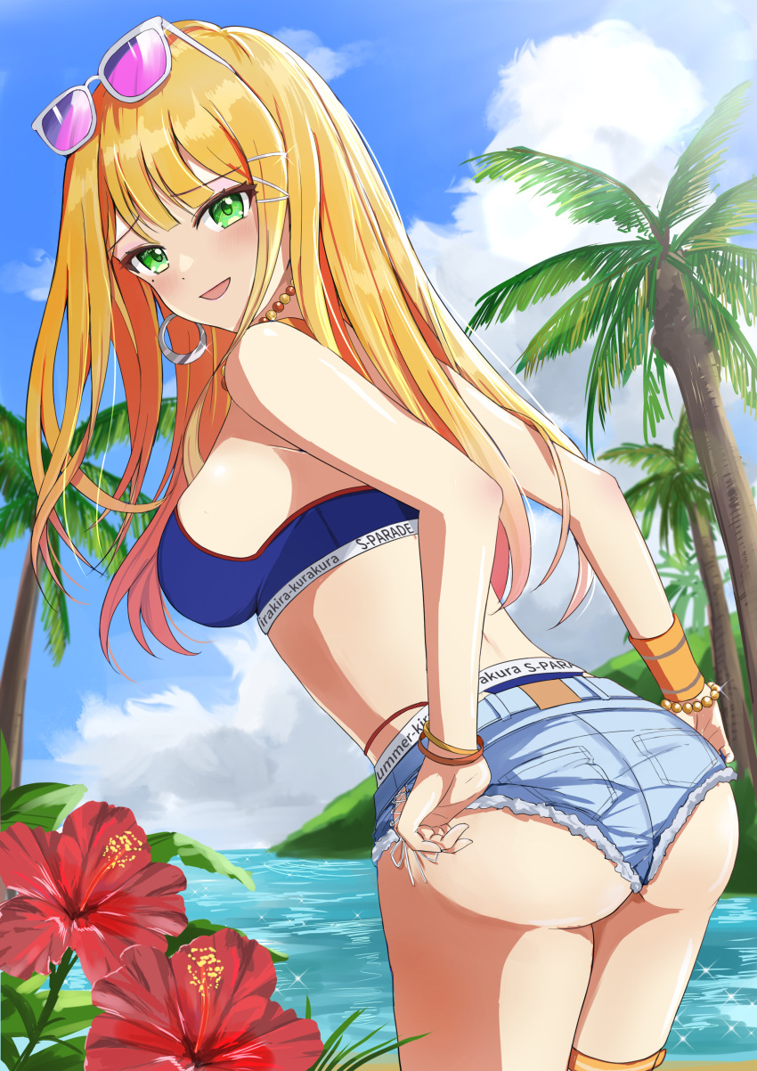 :d absurdres ass bikini bikini_under_shorts blonde_hair blue_bikini blue_sky blush bracelet breasts cloud cutoff_jeans cutoffs eyewear_on_head female flower gakuen_idolmaster green_eyes hair_ornament hairclip highres idolmaster jewelry kimi_to_semi_blue_(idolmaster) long_hair looking_at_viewer looking_back medium_breasts misakura_aoi ocean outdoors palm_tree shiun_sumika shorts sky smile solo sunglasses swimsuit thigh_strap tree