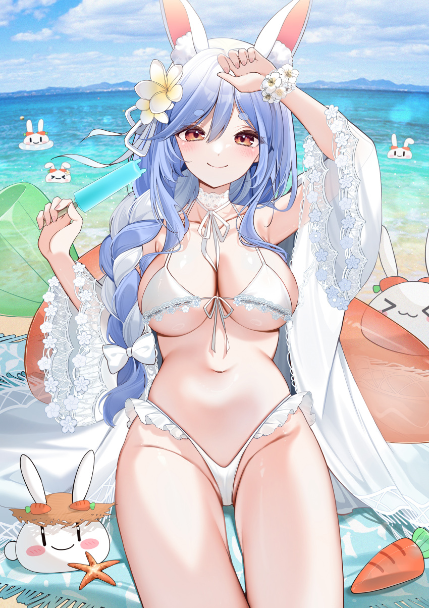 absurdres alternate_costume animal_ear_fluff animal_ears arm_up beach bikini blue_hair blue_sky bow braid braided_ponytail breasts carrot choker cleavage closed_mouth cloud commentary day double-parted_bangs extra_ears female flower food frilled_bikini frills front-tie_bikini_top front-tie_top hair_between_eyes hair_flower hair_ornament hairbow halterneck hand_up highleg highleg_bikini highres hikimayu holding holding_food holding_popsicle hololive lace lace_choker large_breasts light_blush long_hair long_sleeves looking_at_viewer multicolored_hair navel neck_ribbon ocean outdoors paid_reward_available pekomama pekomon_(usada_pekora) popsicle rabbit_ears rabbit_girl ribbon short_eyebrows sidelocks sitting sky smile solo starfish stomach streaked_hair string_bikini swimsuit swimsuit_cover-up thick_eyebrows two-tone_hair virtual_youtuber white_bikini white_bow white_choker white_flower white_hair wide_sleeves yukineko1018