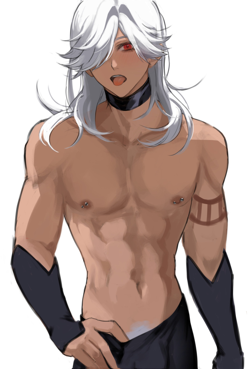 1boy absurdres arm_tattoo black_sleeves cyno_(genshin_impact) dark-skinned_male dark_skin genshin_impact grey_hair hair_over_one_eye highres long_hair male_focus muscular muscular_male navel nipple_piercing nipples open_mouth piercing ra_gi_ren red_eyes solo stomach tattoo tongue tongue_out topless_male white_hair white_pubic_hair