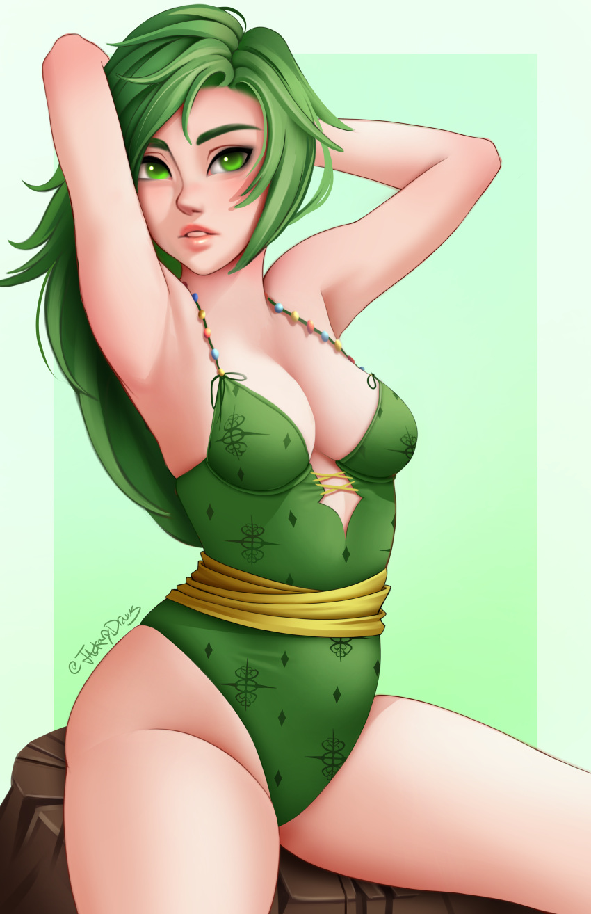 absurdres armpits arms_behind_head arms_up breasts cleavage clip_studio_paint_(medium) diamond_print female final_fantasy final_fantasy_iv green_eyes green_hair green_leotard highleg highleg_leotard highres jackary leotard long_hair looking_at_viewer medium_breasts parted_lips pinup_(style) rydia_(ff4) sash sitting solo thighs yellow_sash