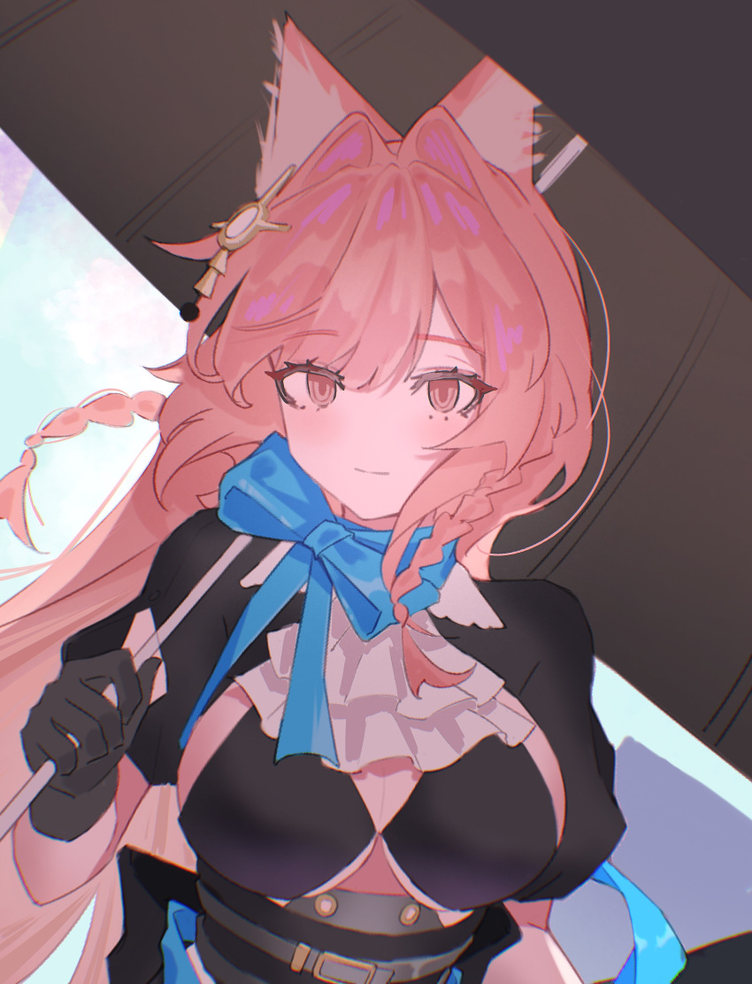 absurdres animal_ear_fluff animal_ears arknights black_bra black_gloves blue_bow blue_bowtie bow bowtie bra braid breasts cleavage closed_mouth e-razor female gloves hair_ornament highres holding holding_umbrell large_breasts long_hair looking_at_viewer pink_eyes pink_hair pozyomka_(arknights) solo underwear upper_body wolf_ears wolf_girl