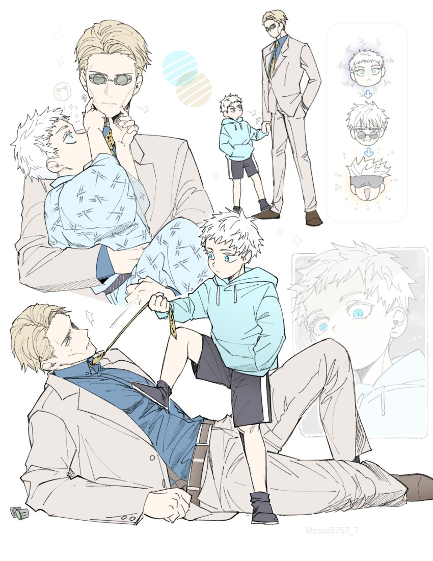 2boys age_difference age_progression aged_down ankle_boots blonde_hair blue_eyes blue_shirt boots cheek_poking closed_mouth collared_shirt cropped_torso dress_shirt eye_contact foot_on_chest formal full_body gojou_satoru gym_shorts hand_in_pocket highres holding_hands holding_person hood hoodie jacket japanese_clothes jujutsu_kaisen kimono leg_up lolicon long_sleeves looking_at_another male_focus mature_male multiple_boys multiple_views nanami_kento necktie necktie_grab neckwear_grab onii-shota pants parted_bangs poking projected_inset reclining round_eyewear shirt short_hair shorts shotadom simple_background spoken_expression ssss7777_7 standing standing_on_one_leg suit suit_jacket sunglasses sweatdrop white_background white_hair wing_collar yaoi