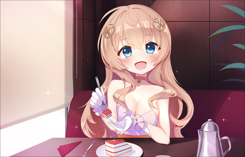 :d anemielle bare_shoulders bell blonde_hair blue_eyes blush booth_seating breasts cake cake_slice choker cleavage commentary english_commentary female fnc_(girls'_frontline) fnc_(strawberry_cake_&_garden_cosmos)_(girls'_frontline) food fork girls'_frontline gloves hair_between_eyes hair_ornament holding holding_fork indoors large_breasts long_hair looking_at_viewer neck_bell official_alternate_costume open_mouth plate sitting smile solo sparkle table white_gloves